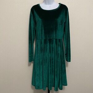 Emerald Green Velvet Long Sleeve‎ Midi Dress Large Holiday Festive Christmas